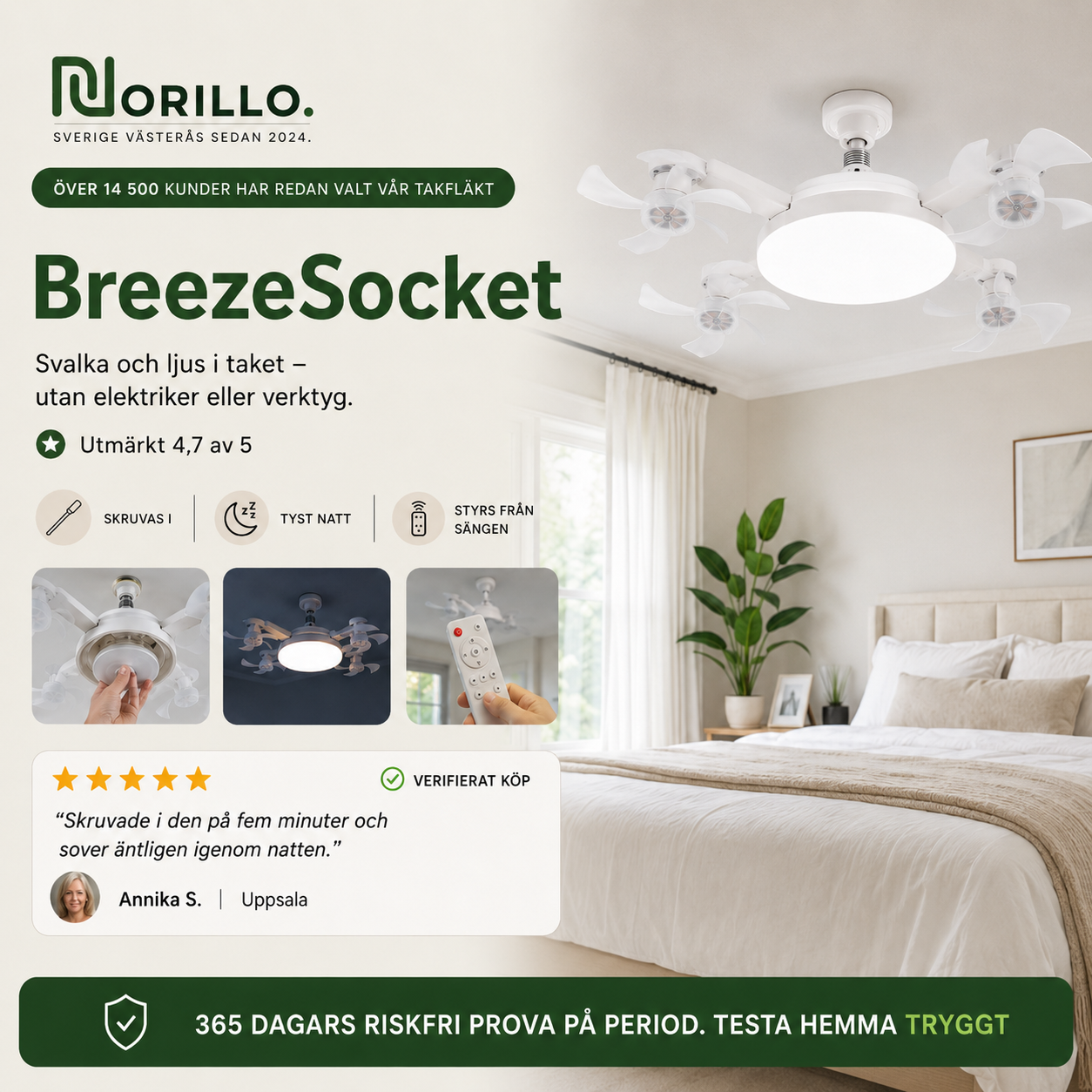 Norillo® – BreezeSocket – Takfläkt med lampa som skruvas i på minuter