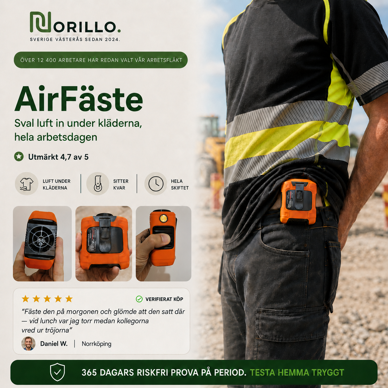 Norillo® – AirFäste – Bärbar arbetsfläkt som håller dig sval hela skiftet