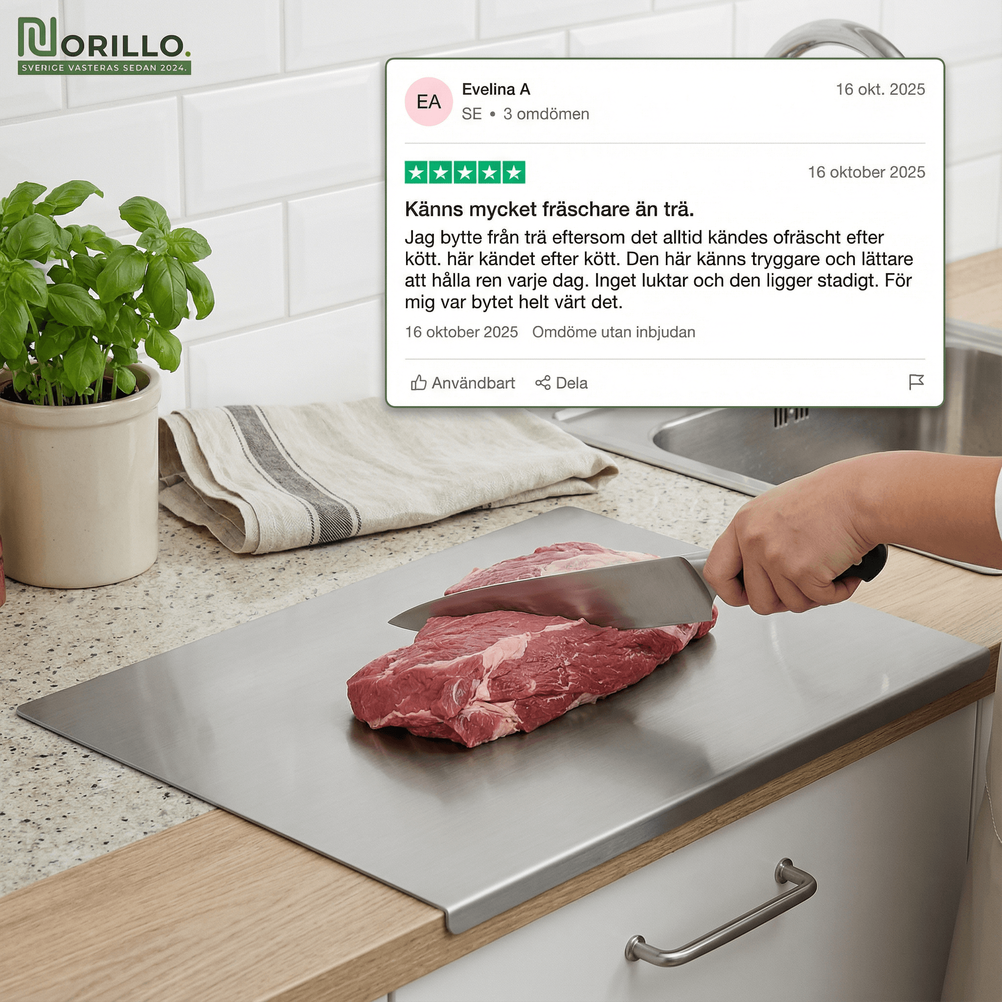 Norillo™ – hygienisk & bakterietålig – skärbräda i rostfritt stål