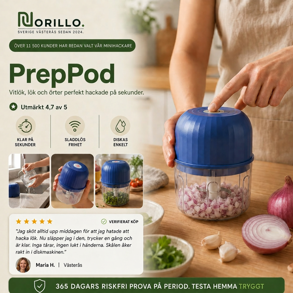 Norillo® – PrepPod – Sladdlös minihackare för vitlök, lök & örter på sekunder