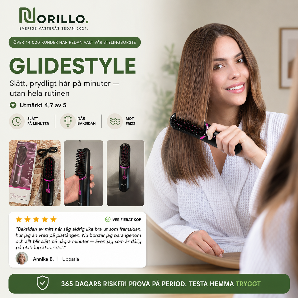 Norillo® – GlideStyle – Sladdlös värmeborste för slätt hår på minuter