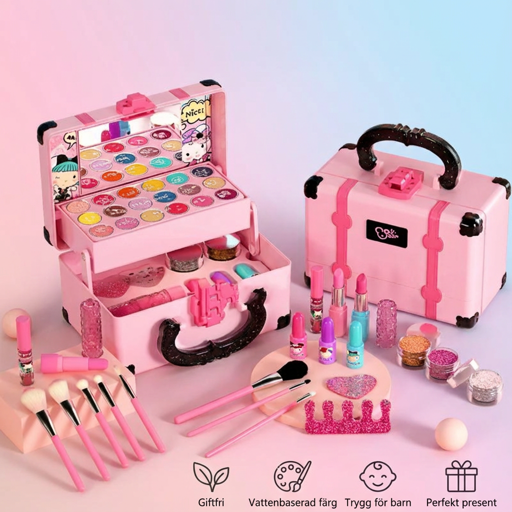 Norillo™ – Kreativitetskit med giftfritt barns­mink, penslar & organiserad sminklåda