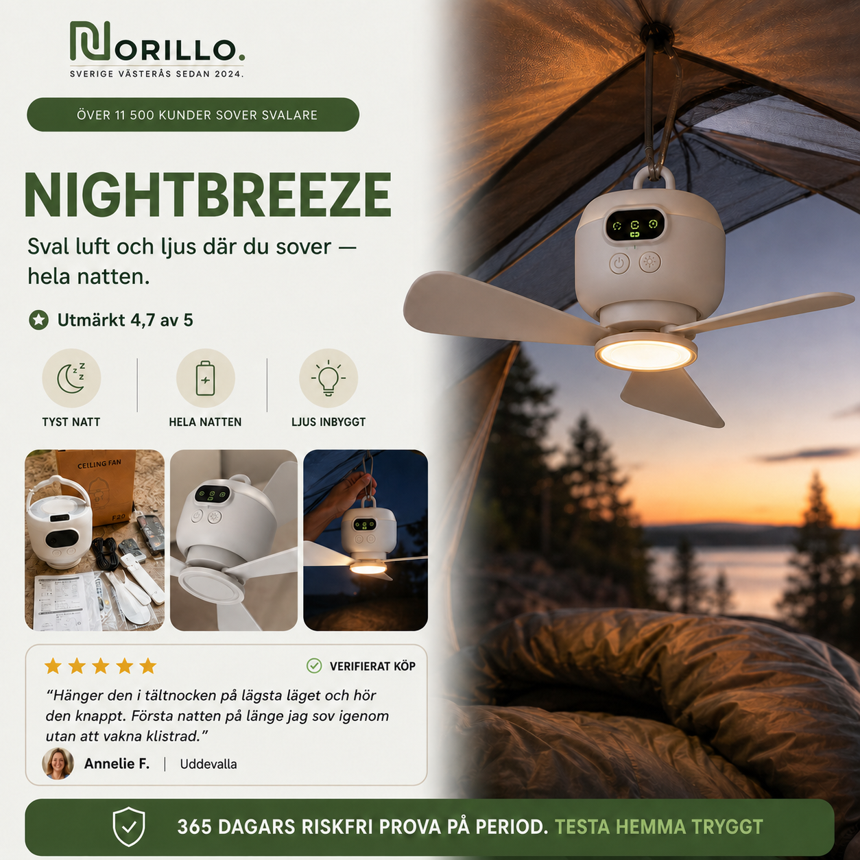 Norillo® – NightBreeze – Tyst fläkt och lampa för svala nätter i tältet