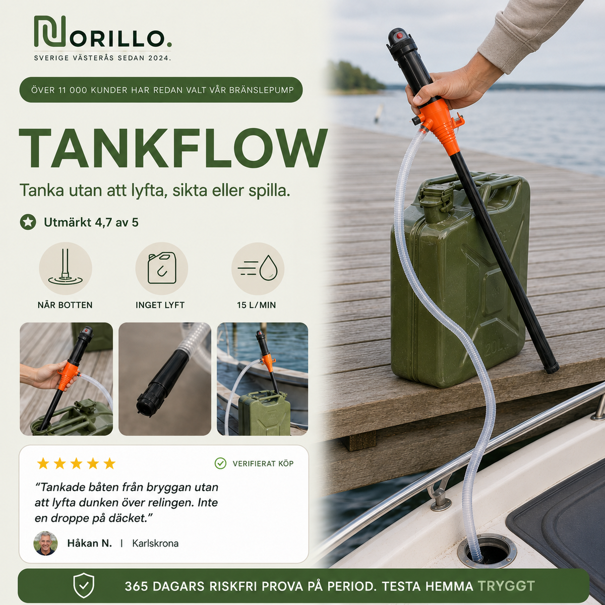 Norillo® – TankFlow – Pumpa bränsle från dunk utan lyft och spill