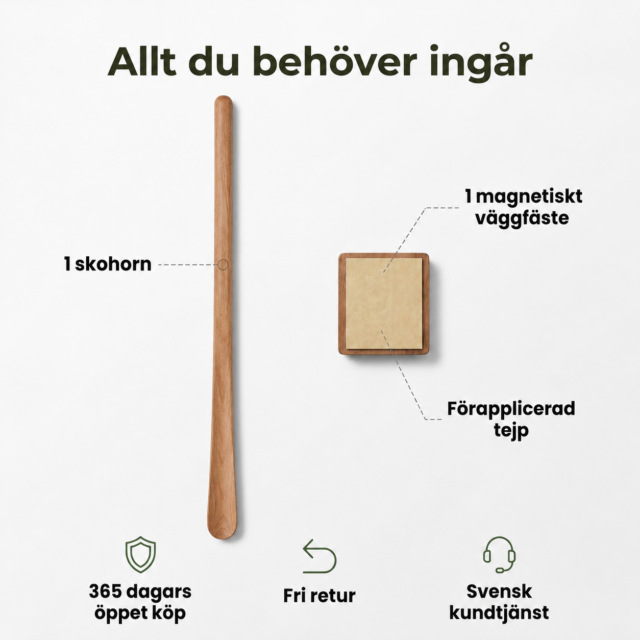 Norillo® – ClickHold – Långt skohorn i trä som klickar fast på väggen