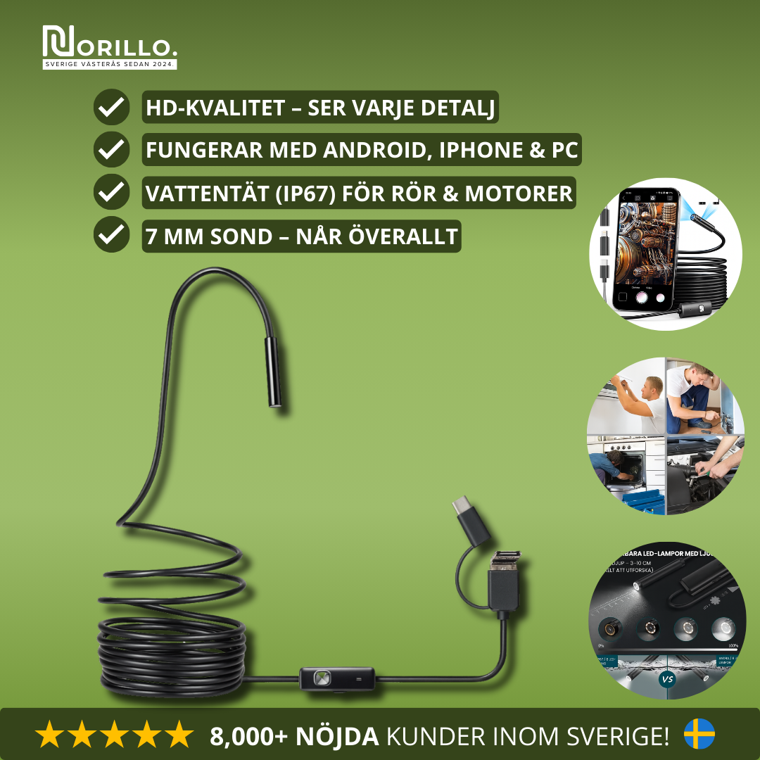 Norillo™ – Flexibel HD Endoskopkamera med 6 Justerbara LED-Lampor